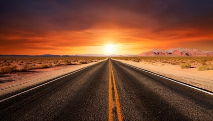 Naklejka premium of a endless desert road stretching towards a golden horizon under a deep orange summer sky