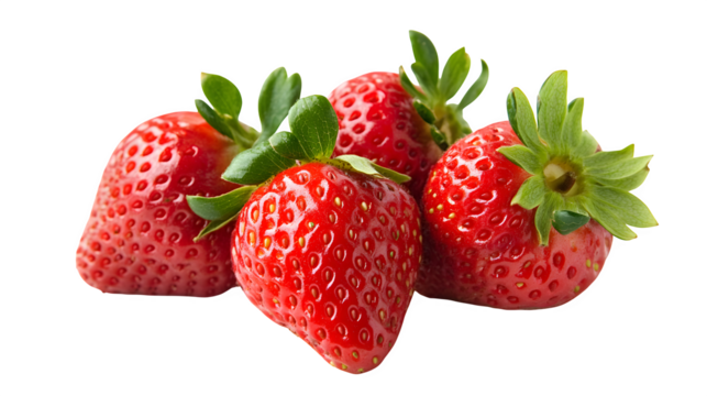 A bunch of four strawberries, with vibrant red color and green leafy tops, grouped together, isolated on a white background