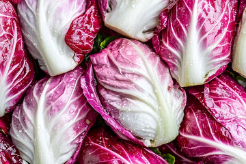 Obraz premium Close-up of red radicchio leaves with water droplets. Freshly harvested vegetables in vibrant red and white colors. A healthy and visually appealing ingredient.