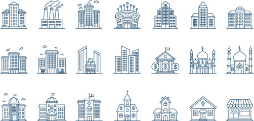 Building icon set. Collection of house, home, store, office, apartment and more. Vector illustration