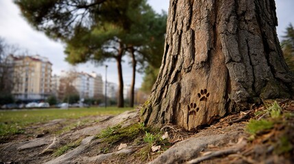 Obraz premium Tree trunk bearing paw prints at a park buildings distant