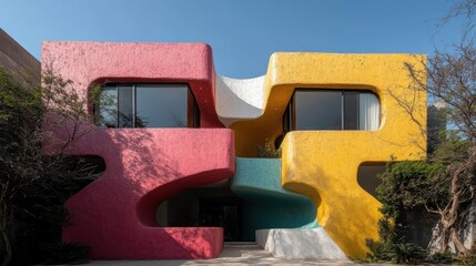 A striking modern architectural structure characterized by vibrant colors and organic shapes, presenting an imaginative and unconventional approach to contemporary design.
