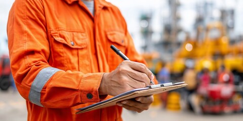 Oilfield worker taking notes during inspection, maintenance, or repair work