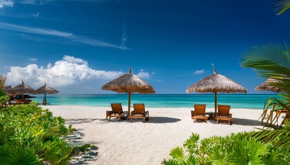 paradise beach with lounge chairs thatched umbrellas turquoise sea and lush vegetation