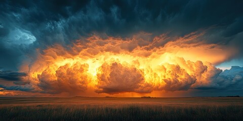 Fototapeta premium Layered storm clouds over golden horizon dramatic landscape nature's beauty atmospheric perspective