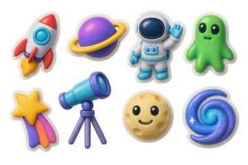 3d space adventure icons set &ndash; rocket, planet, astronaut, alien, telescope, star, moon, galaxy. 3D icon set