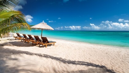 Fototapeta premium scenic tropical beach paradise with sunbeds umbrellas and turquoise water