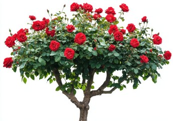 Vibrant Red Roses in Full Bloom on a Robust Tree with Lush Green Foliage Against a White Background for Floral Decorations and Garden Designs
