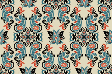 Vector damask seamless pattern background. Ikat floral embroidery.Ethnic oriental traditional.Aztec African boho paisley patterns. Design for texture, fabric, clothing, wrapping, decoration