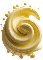Vibrant Yellow Swirl of Creamy Texture on White Background, Ideal for Food, Art, or Creative Concepts, Showcasing Fluid Dynamics and Visual Appeal