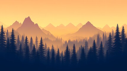 Obraz premium Misty mountain range landscape with pine forest trees nature background vector illustration design