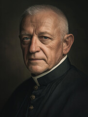 Fototapeta premium Retrato de sacerdote mayor con expresión seria en fondo oscuro