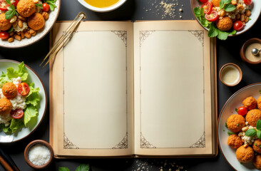 open recipe book or restaurant menu with various ready meals on table, top view, space for text