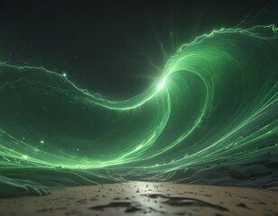 Green energy wave, radiant particles, mystical abstract form , iridescent, particle,  bokeh