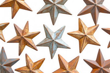 Collection of aged metal star decorations arranged randomly on transparent background