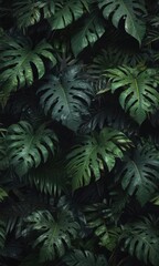 Intricate overlapping exotic leaves, dark, lush, tropical texture , abstract, design