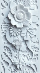 Floral relief sculpture. White flowers, leaves, & intricate background texture