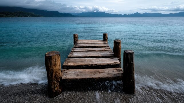 A rustic wooden dock stretches out over tranquil waters, providing a serene spot for reflection and enjoyment of nature’s calming beauty, surrounded by scenic mountains and sky.