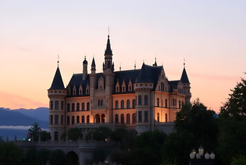 Fototapeta premium Majestic Castle at Sunset, Generative AI