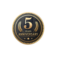 5 Years Anniversary Gold Badge with Laurel Wreath on Transparent Background