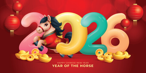Year of the horse 2026. 3D horse with 2026 number, coin and ingots. Translation : Horse