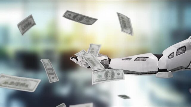 A dynamic image of a robotic hand reaching towards floating dollar bills, symbolizing the intersection of technology and finance in a contemporary business setting. MZL