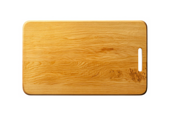 A wooden cutting board with handle cutout, viewed from above on transparent background