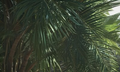 Obraz premium Deep emerald palm fronds, sunlight filtering, rich detail , paradise, texture, bright