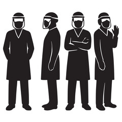 PPE Medical Staff Silhouettes – Doctors in Lab Coats, Masks, and Face Shields in Various Poses
