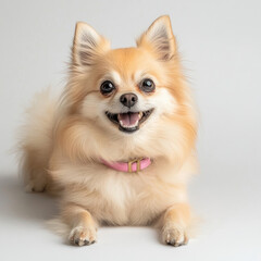 Obraz premium A cheerful, light-brown, long-haired small dog lies down, smiling happily, wearing a pink collar