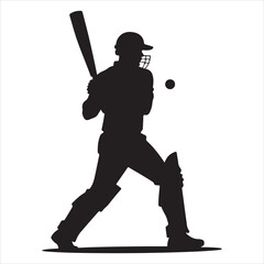A graphic silhouette of a cricket player on a white background