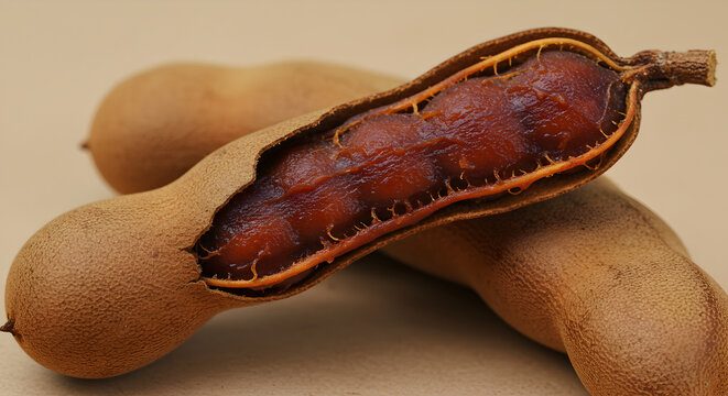 Exotic Tamarind Pod Revealing Rich Pulp Texture On Neutral Backdrop