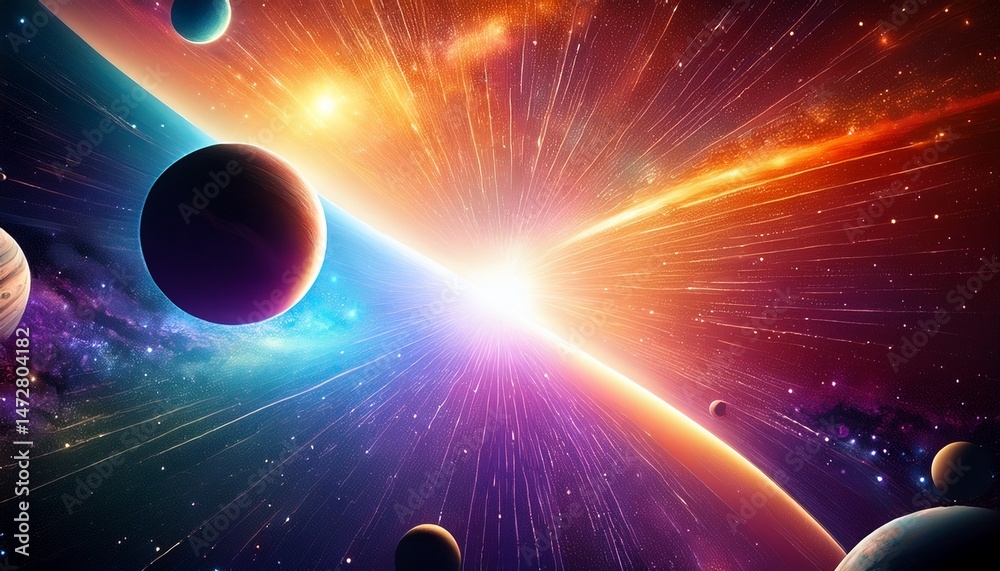 Poster a colorful space scene with a planet and a sun by ai generated image