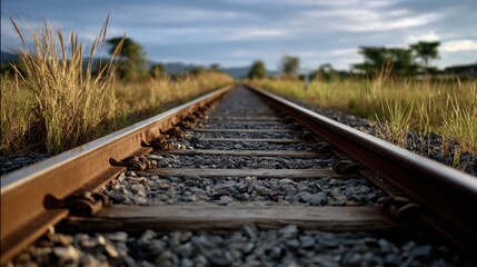Fototapeta premium Railway track stretches into the distance through a field under a cloudy sky.