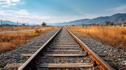 Fototapeta premium Railroad tracks stretch into the distance through a dry landscape under a blue sky.
