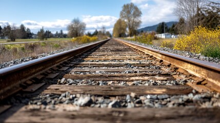 Fototapeta premium Railway tracks stretch into the distance through a rural landscape under a blue sky.
