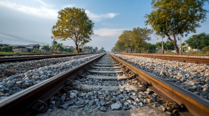 Fototapeta premium Railway tracks stretch into the distance with trees and a blue sky.