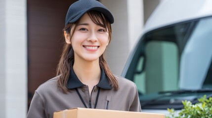 Smiling woman in uniform holding a box stands in front of a van.