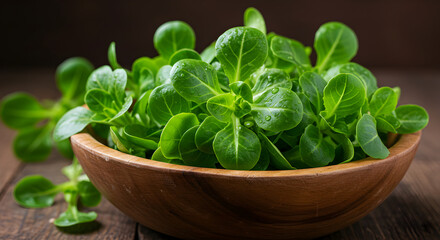Fresh Mache Rosette Salad In Wooden Bowl Rustic Table Backdrop