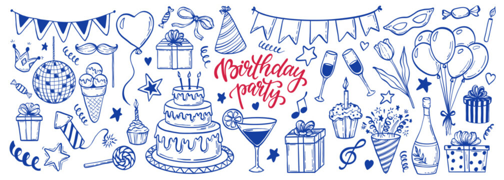 big set of hand drawn doodle cartoon objects and symbols on the birthday party. design holiday greeting card and invitation of wedding, Happy mother day, birthday, Valentine s day and holidays