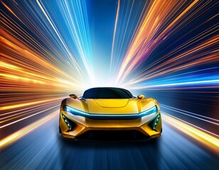 Naklejka premium futuristic yellow vehicle speeding through vibrant light trails in motion