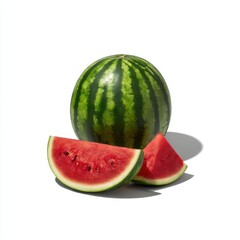 A whole watermelon with two slices on a white surface in a studio setting with natural lighting