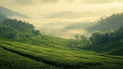 Obraz premium Misty landscape of a terraced tea plantation.