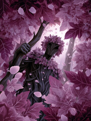 Ancient tree spirit emerging in cherry blossom grove, petals floating, glowing aura, vine hair, watercolor and ink style, vibrant and dreamlike
Generative AI