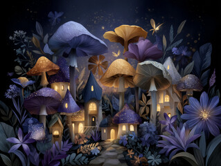 Whimsical village of colorful giant mushrooms in enchanted forest, glowing lights, twilight mood, tiny magical creatures, hand-drawn style
Generative AI