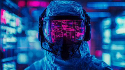 High-tech scientist in protective suit examines data in a futuristic lab