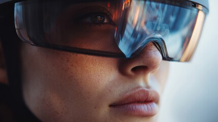 Woman wearing futuristic glasses with reflections of sky and clouds close up.
