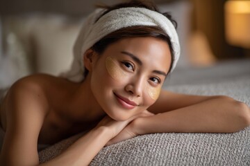 Woman with undereye patches relaxing on bed after self care routine at home