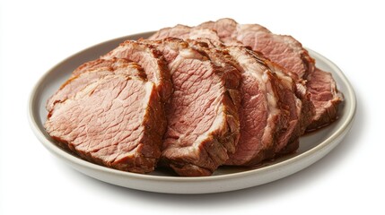Obraz premium Succulent slices of roast beef served on a gray plate, showcasing juicy textures and rich flavors, perfect for any meal.