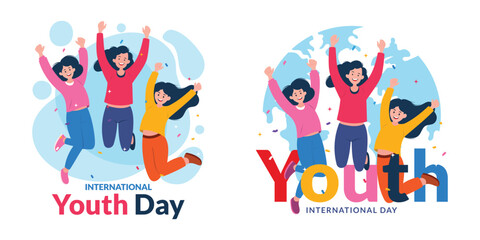International Youth Day Vector Sign with a group of diverse young people  jumping and celebrating together